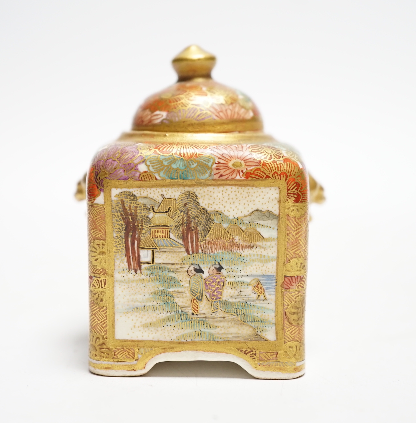 An early 20th century Japanese Satsuma pottery miniature square pot and cover, signed Kinkozan, 6.5cm high